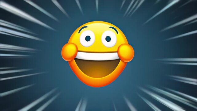 Emoji face morphing close-up into laughter with speed lines, supporting reaction stickers, social media humor, chat messaging, meme captions, user feedback, online engagement.