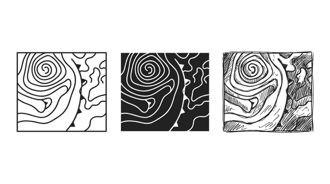 Three Weather Forecast Map Icons: Outlined, Solid Black, and Hand-Drawn Sketch of Atmospheric Pressure Systems