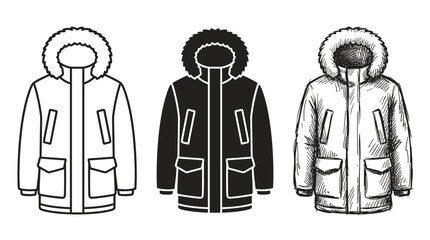 Three black and white parka jackets: outline, solid silhouette, and hand-drawn sketch style on white background © KirST