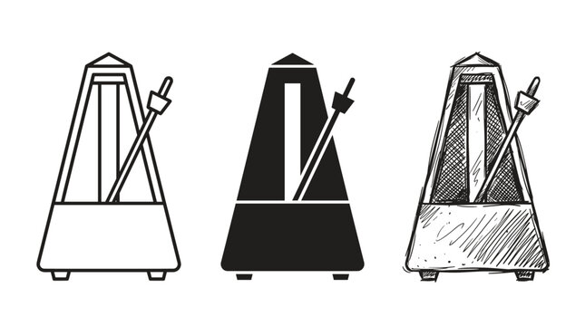 Three metronomes with their pendulums, rendered in outline, solid black, and hand-drawn sketch styles
