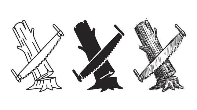 Three black and white crosscut saws on felled tree trunks: outline, solid silhouette, and hand-drawn sketch style on white background