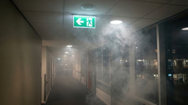 Emergency exit sign in smoky office hallway