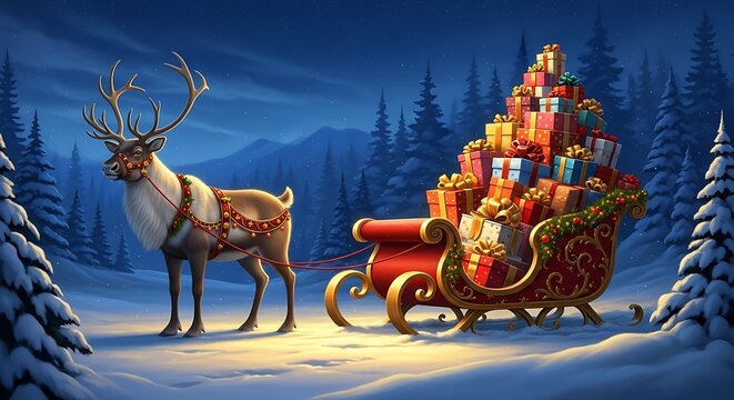 Reindeer pulling a sleigh full of christmas gifts in a snowy winter landscape at night, festive holiday scene with pine trees and mountains