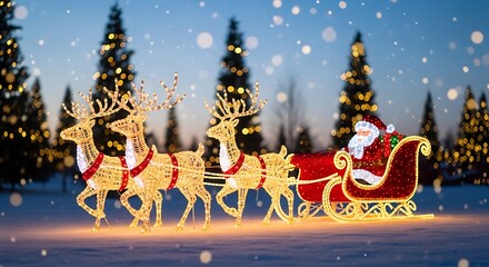 Obraz premium Illuminated christmas reindeer and santa claus sleigh decoration on a snowy landscape at twilight with bokeh lights in the background