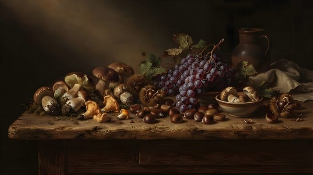 Autunno: composizione o natura morta con funghi porcini, castagne ed uva