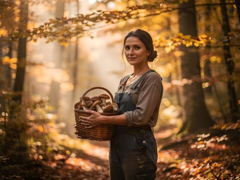 Autunno: donna di montagna che raccoglie funghi porcini
