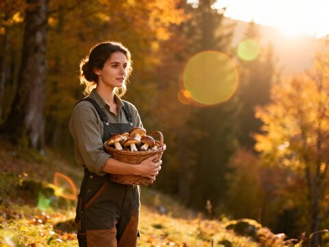 Autunno: donna di montagna che raccoglie funghi porcini