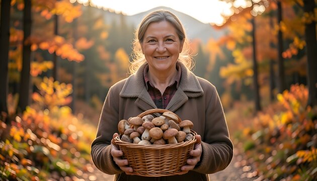 Autunno: donna di montagna che raccoglie funghi porcini