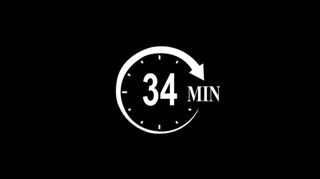 White circular timer icon indicating five minutes countdown with arrow on black background 34 minutes clock.