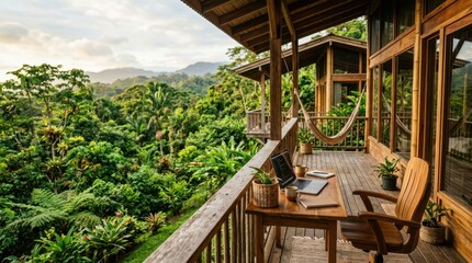 Obraz premium Remote work setup on a wooden balcony overlooking a lush tropical rainforest