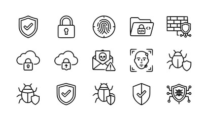 Fototapeta premium Cyber Security Line Icons Set Black and White Minimal Outline SVG Vector Collection