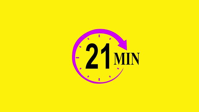 Pink circular timer icon indicating five minutes countdown with arrow on yellow background 21 minutes clock.
