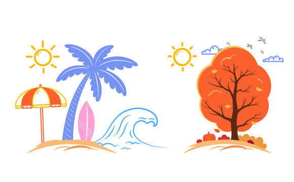 Coastline with palm tree, ocean wave, beach umbrella, and surfboard. Hill with tree leaves and pumpkins. Set of minimalist landscapes, tropical summer design, autumn.