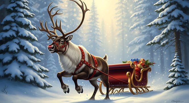 A majestic reindeer with a red nose and harness pulling a sleigh filled with christmas gifts through a snowy, sunlit winter forest landscape