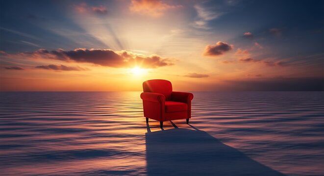 A solitary red armchair sitting on a calm, reflective ocean surface during a vibrant sunset with a dramatic sky