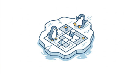Two penguins playing chess on an ice floe. © La