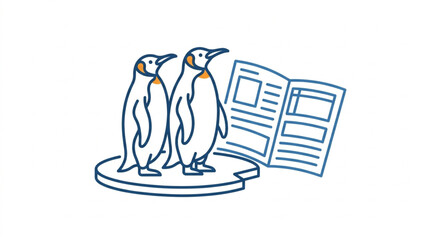 Two penguins standing near an open book. © La
