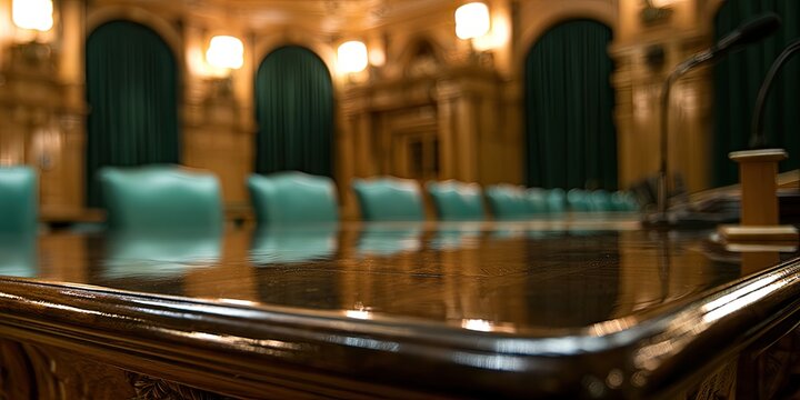 Ornate meeting room with polished wood table, rows of teal chairs, and dim lighting