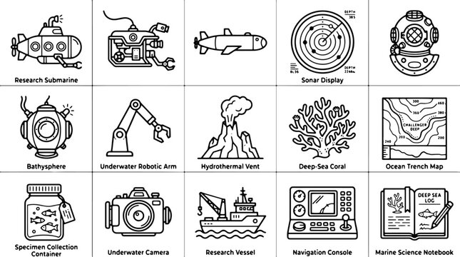 Deep sea exploration icons, 15 marine science research vector elements, underwater submarine and oceanography equipment line art set