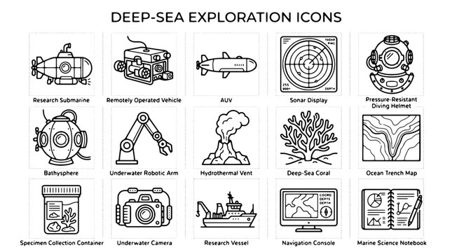 Deep-sea exploration icons set, marine science and underwater research vector elements, oceanography equipment line art icons for educational infographics