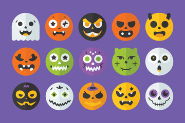 Fototapeta premium Set of colorful halloween flat icons with spooky characters and funny expressions on purple base