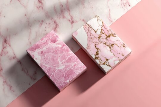 Two decorative marble notebooks with pink and white patterns placed on a pink background, showcasing elegant design and texture for stationery enthusiasts
