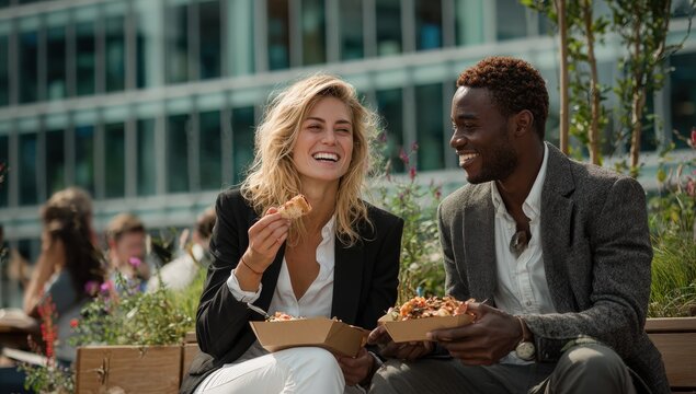 Caucasian woman and African man enjoying street food together while seated on a wooden bench surrounded by greenery in an urban outdoor setting