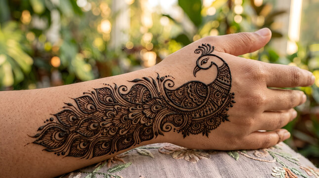 Beautiful Peacock Motif Mehndi Design on Hand Representing Traditional Indian Henna Artistry