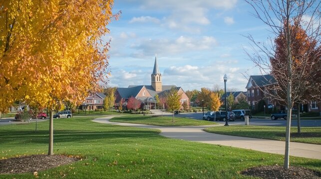 A rural town square with a small park, a church steeple in the background, and a few cars parked along the road.
