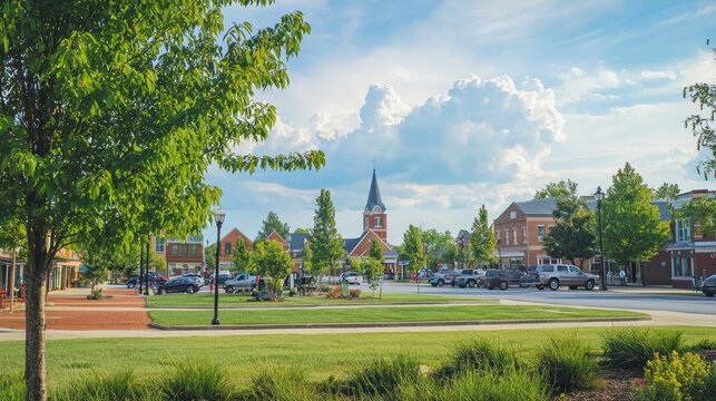 A rural town square with a small park, a church steeple in the background, and a few cars parked along the road.