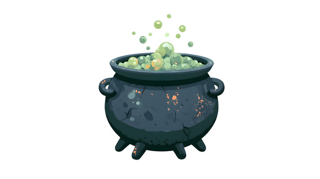 bubbling cauldron with cracked texture and aged details, halloween decoration, cute flat cartoon style, simple shapes, pastel color palette, isolated on white background