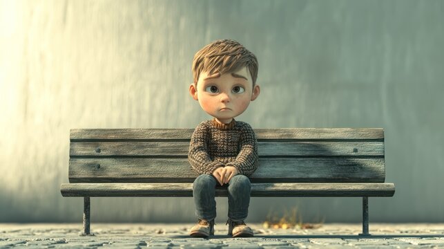 A sad orphan child sitting alone on a bench, with a downcast expression.