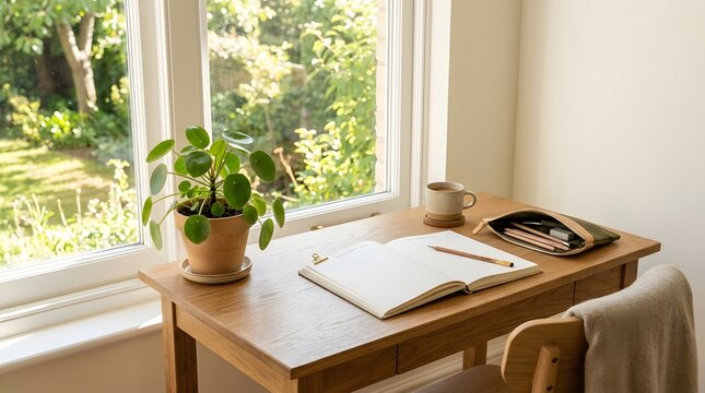 A peaceful home office setup with a wooden desk near a bright window with greenery.