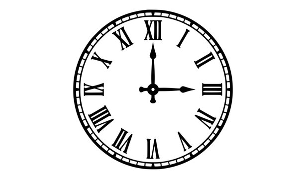 Classic Black Roman Numeral Clock Face Vector Minimal Time Illustration Isolated on White