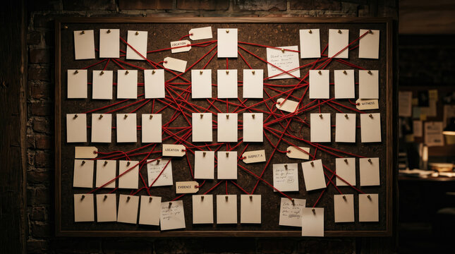 Detective evidence board with yarn connections. Criminal investigation wall with paper notes.