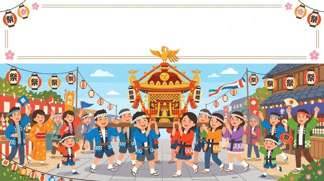 お祭りの神輿担ぎと賑やかな人々のフレームイラスト