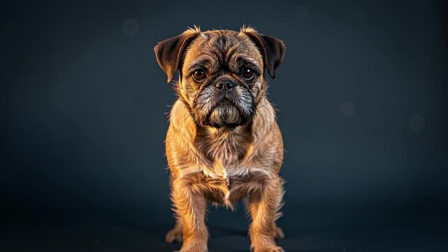 Brown pug standing in dark studio portrait.