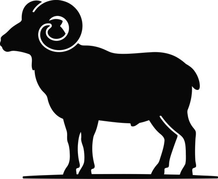 Black silhouette of a ram with large curved horns standing in profile as a simple animal icon design element for graphic creative projects and nature symbols