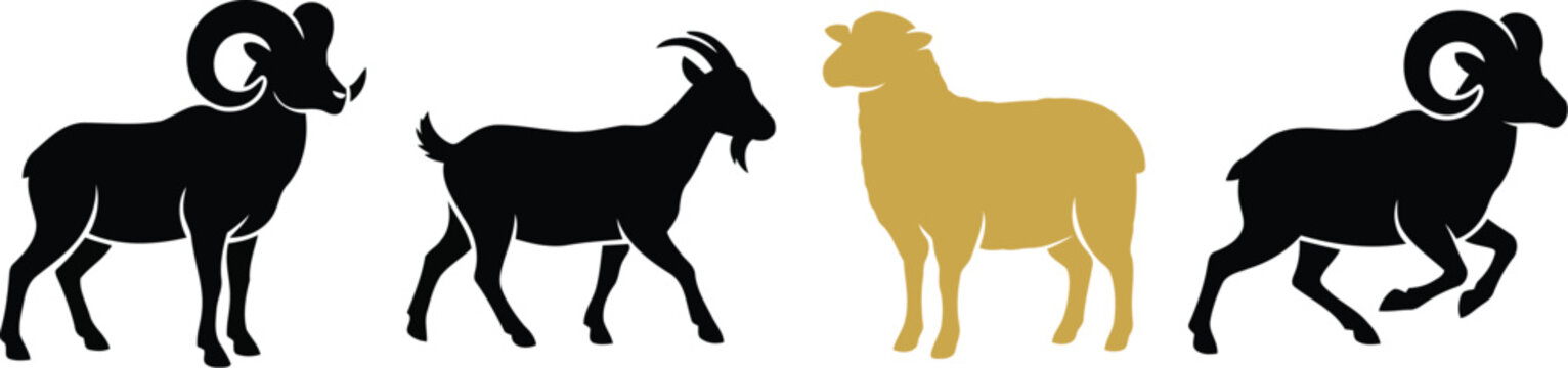 Set of farm animal silhouettes including ram goat and sheep icons for agricultural design collection