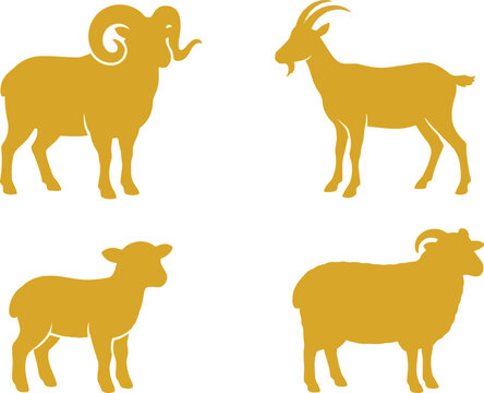 Set of golden yellow silhouettes of farm animals including a ram a goat a lamb and a sheep standing in a simple flat vector illustration style for design