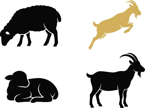 Set of black and golden silhouettes of sheep and goats standing and jumping on a farm