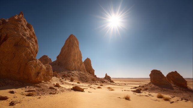 A sun-baked desert landscape with mirages shimmering in the summer heat and clear skies.