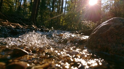 Fototapeta premium Sunlit forest stream, water flows over rocks, dappled sunlight