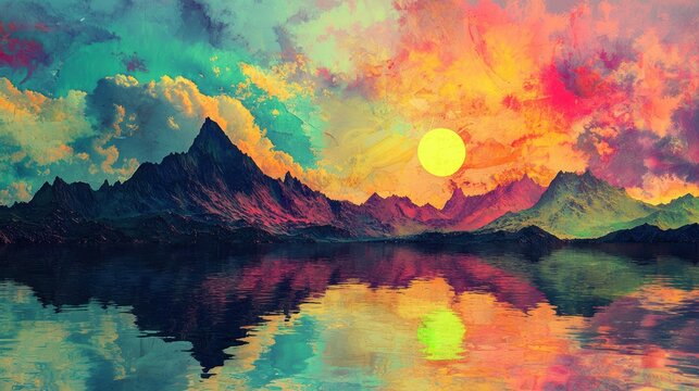 A surreal landscape with exaggerated shapes and vibrant colors, blending mountains, water, and sky.