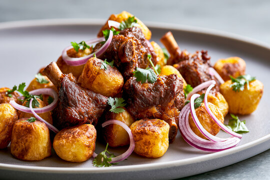 Crispy golden kazan kabob fried lamb meat and potatoes on light platter