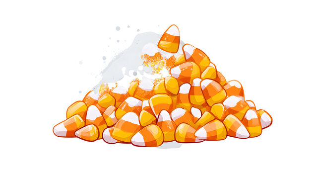 candy corn pile with a light dusting of dust and cobweb, halloween decoration, kawaii flat cartoon style, rounded shapes, cheerful colors, isolated on white background
