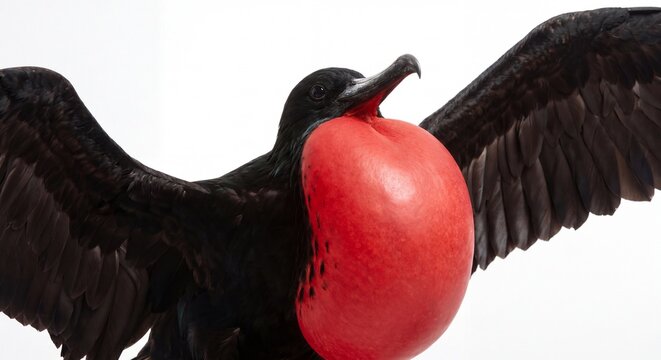 A magnificent male frigatebird displaying its vibrant red gular pouch against a clean white.