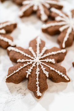 Decorating Snowflake Chocolate Ginger Sugar Cookies with Royal Icing and Sugar Crystals