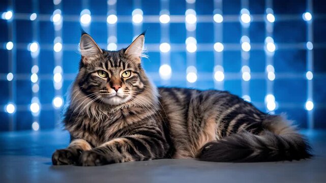 Tabby Cat Portrait on Blue Lights.