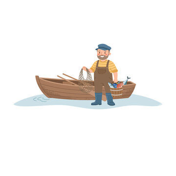 Cheerful Fisherman in Brown Overalls Standing Beside a Wooden Fishing Boat with Net and Fresh Catch
